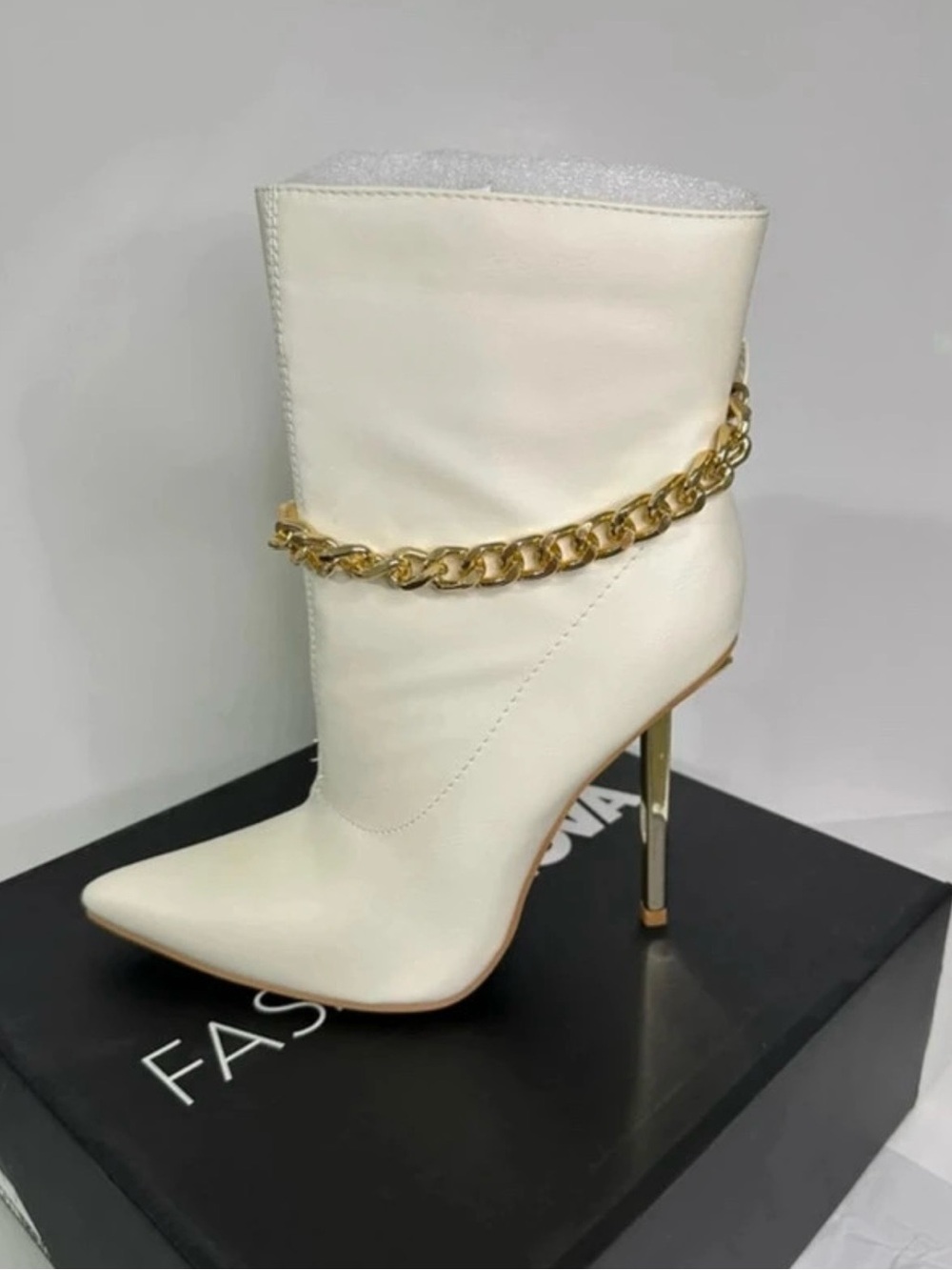 Fashion Nova White Pointed Stiletto Ankle Boot with Gold Chain